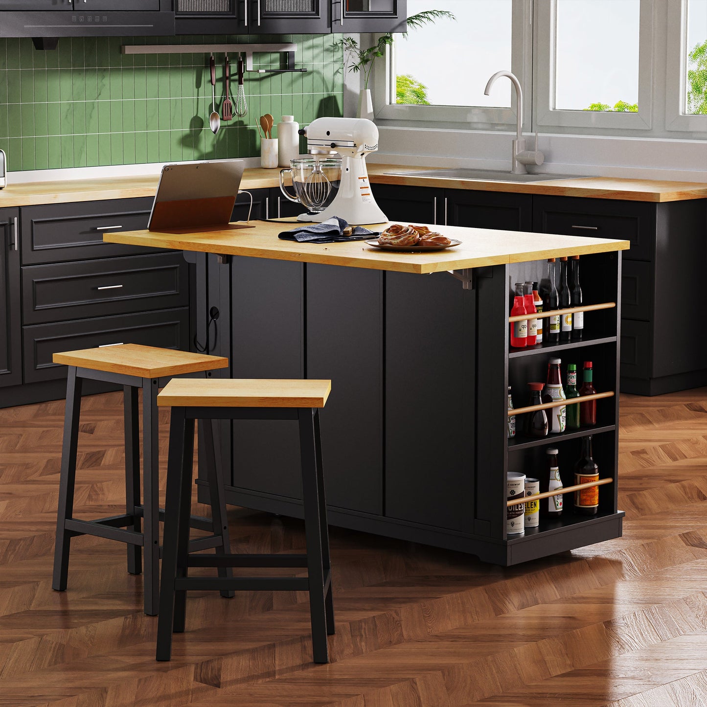 K&K 53inch Large Kitchen Island with 2 Bar Stools, Power Outlet,Door Internal Storage Rack, Kitchen Storage Cart on 5 Wheels with Drop Leaf, 5 Open Side Racks, 3 Drawers, for Kitchen,Dining Room,Black