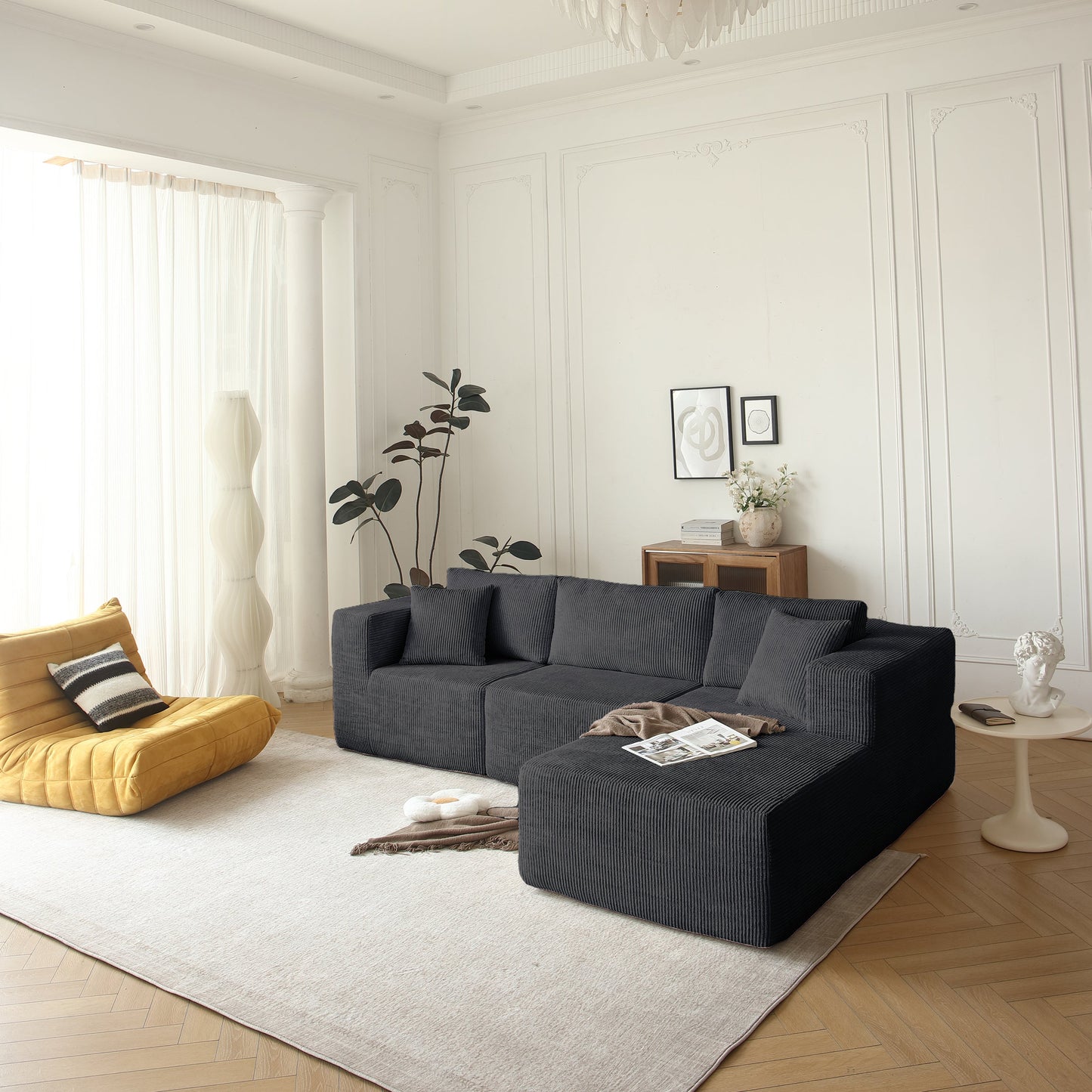 Sectional Sofa and Module, Mid-Century Modern L Shaped for Living Room Grey Right