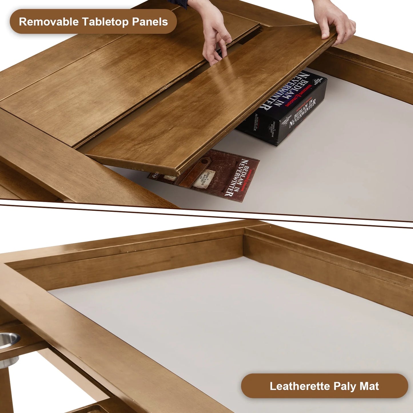 Solid Wood Board Game Table for 4–6 with Removable Top, 54" X 31" Gaming Surface, Game Mat, 6 Cup Holders & Hobby Tray – Convertible Gaming and Dining Table for D&D , Card Game and Puzzle