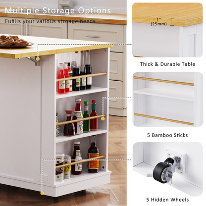 K&K 53inch Large Kitchen Island with 2 Bar Stools, Power Outlet,Door Internal Storage Rack, Kitchen Storage Cart on 5 Wheels with Drop Leaf, 5 Open Side Racks, 3 Drawers, for Kitchen,Dining Room,White