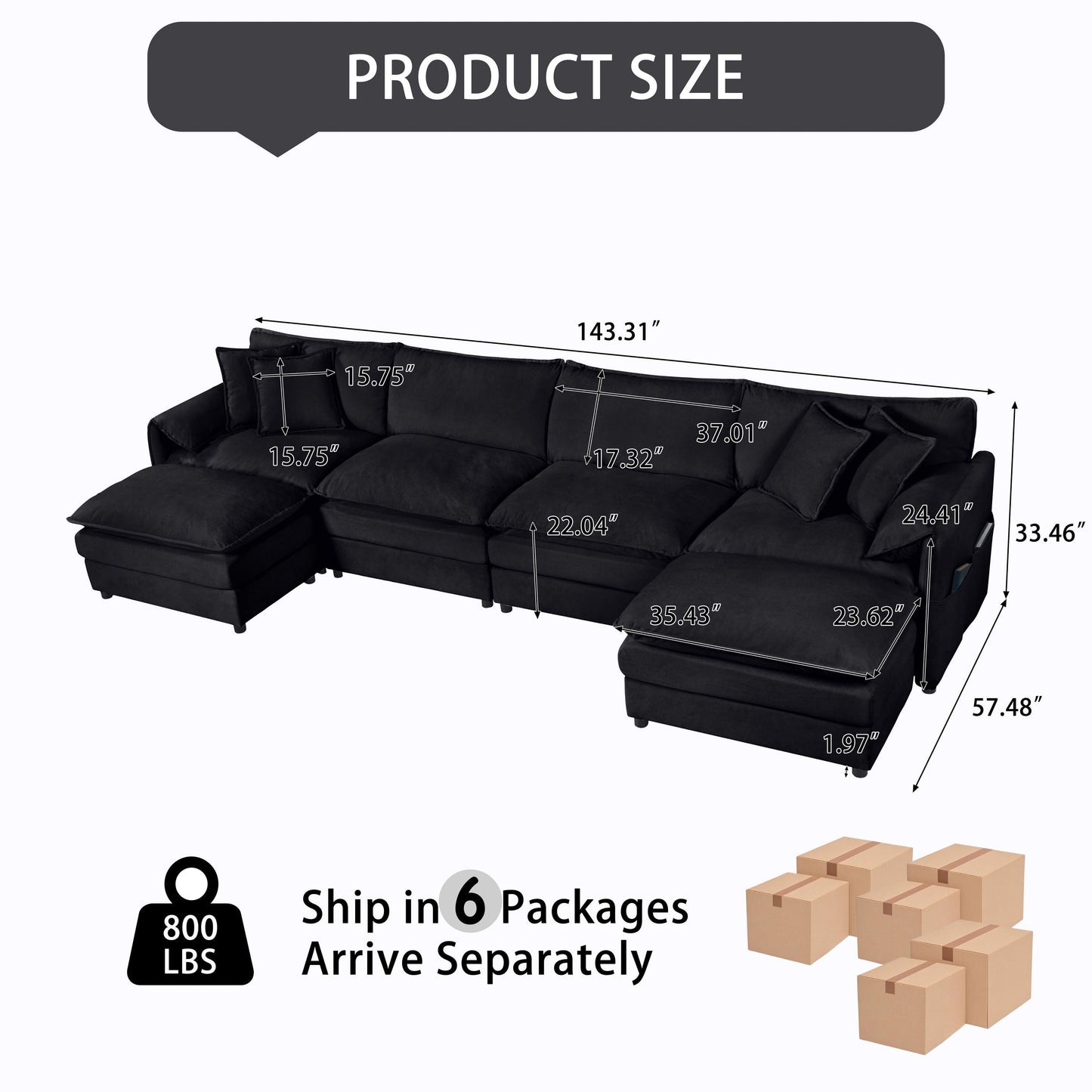 Modular Sectional Sofa, Oversized Deep Seat U Shaped Couch, Chenille,Black