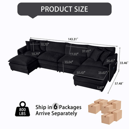 Modular Sectional Sofa, Oversized Deep Seat U Shaped Couch, Chenille,Black