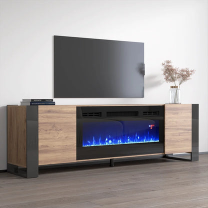 Woody BL-EF Fireplace TV Stand for Tvs up to 85", Modern High Gloss 77" Entertainment Center, Electric Fireplace TV Media Console with Storage Cabinets