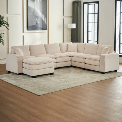 Modern U Shaped 6-seat Sectional Sofa Couch with one Ottoman and three toss pillow
