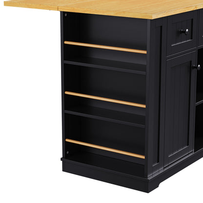 K&K 53inch Large Kitchen Island with 2 Bar Stools, Power Outlet,Door Internal Storage Rack, Kitchen Storage Cart on 5 Wheels with Drop Leaf, 5 Open Side Racks, 3 Drawers, for Kitchen,Dining Room,Black