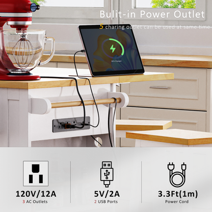 K&K 53inch Large Kitchen Island with 2 Bar Stools, Power Outlet,Door Internal Storage Rack, Kitchen Storage Cart on 5 Wheels with Drop Leaf, 5 Open Side Racks, 3 Drawers, for Kitchen,Dining Room,White