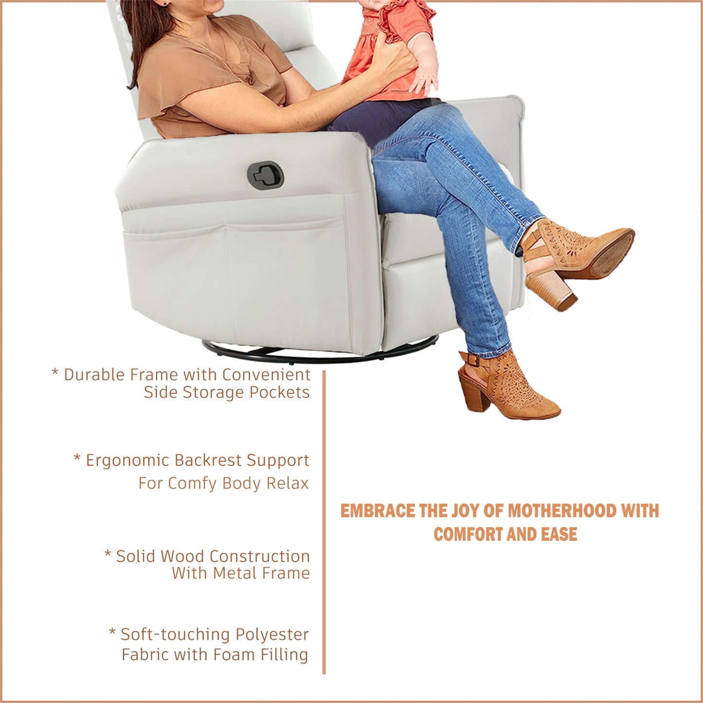 PU Rocking Recliner Chair, 360° Swivel Nursery Rocking Chair, Glider Chair, Modern Small Rocking Swivel Recliner Chair, Home Theater Seating, Side Pocket (Light Gray+360° Swivel)