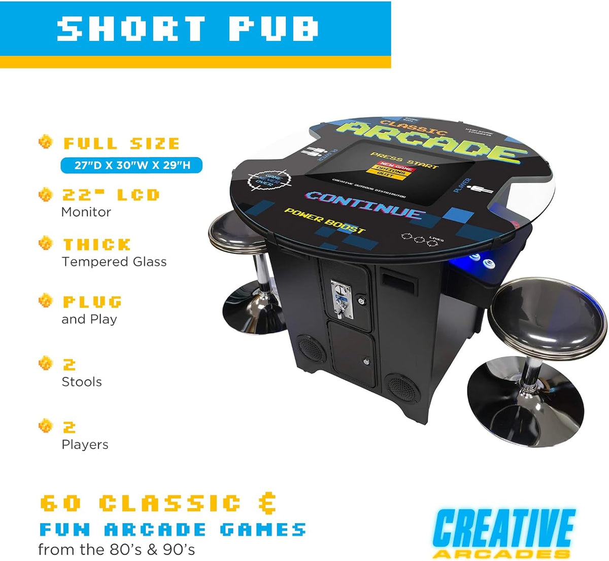 Arcades Full Size Commercial Cocktail Machine | 2 Player | 60 Games | 22" LCD Screen | round Glass Top | 2 Sanwa Joysticks | 2 Stools Included | 3 Year Warranty