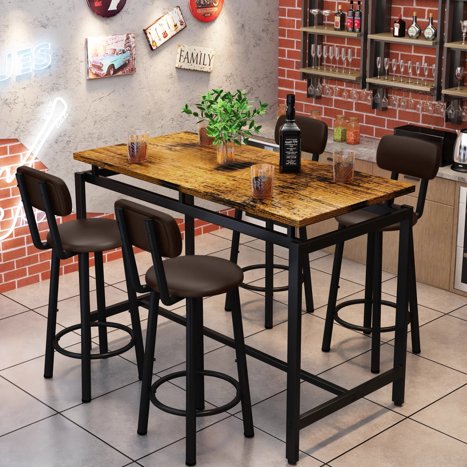 Breakfast Barstool Counter Height Dining Table Set for 4 with Upholstered Bar Stools, High Top Table, Vintage Brown