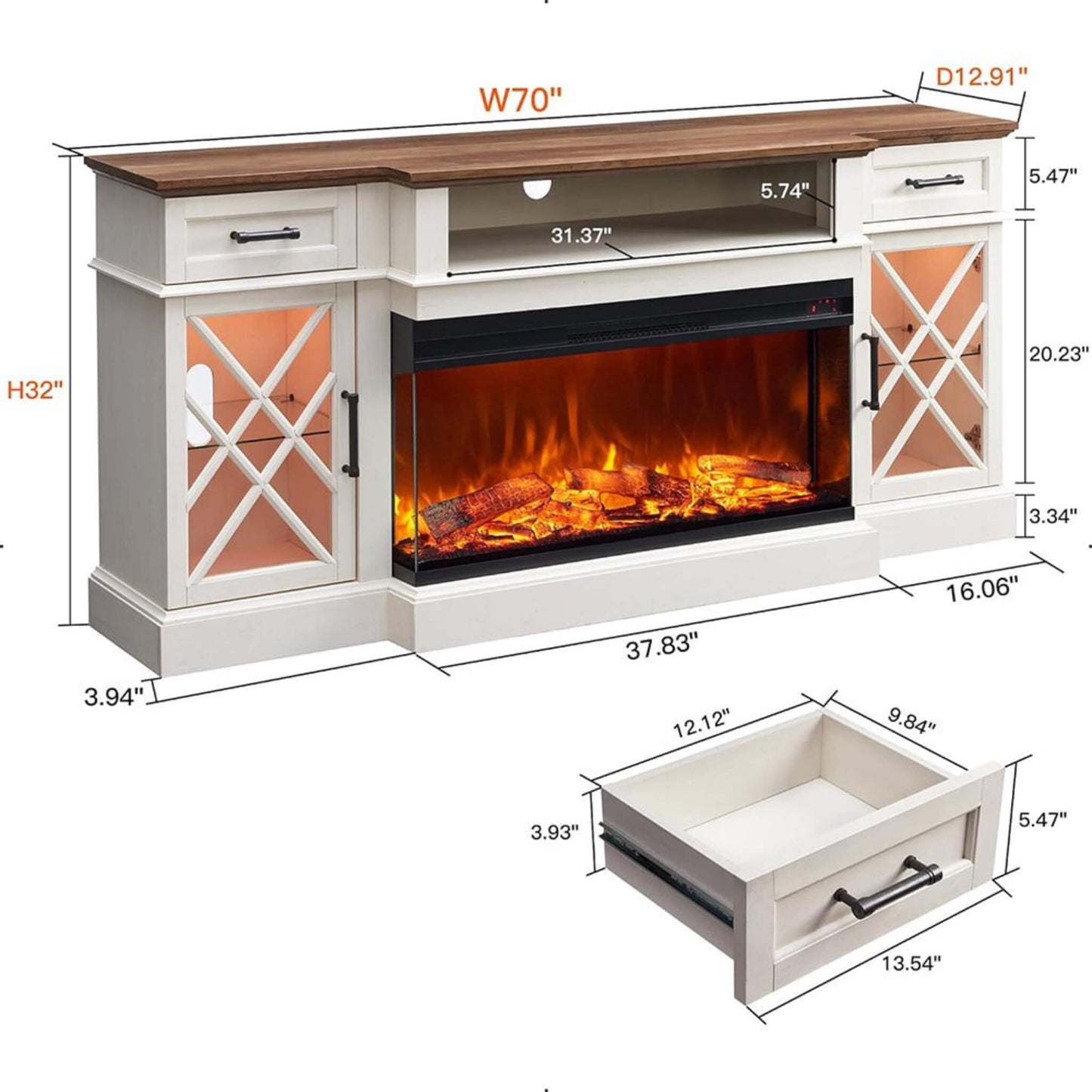 Electric Fireplace TV Stand With Glass Door Storage Cabinet, 70" (SAK58627)