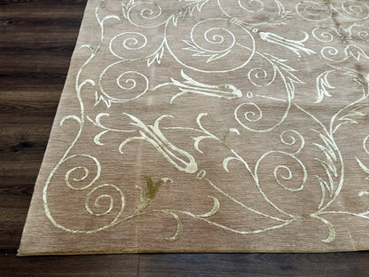 Tibetan Rug 9x12 Wool and Silk Beige Modern Handmade Carpet