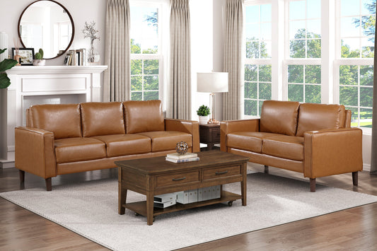 Modern Living Room Furniture 2pc Set Sofa Loveseat Brown Faux Leather Upholstered Cushion Back Seat Solid Wood