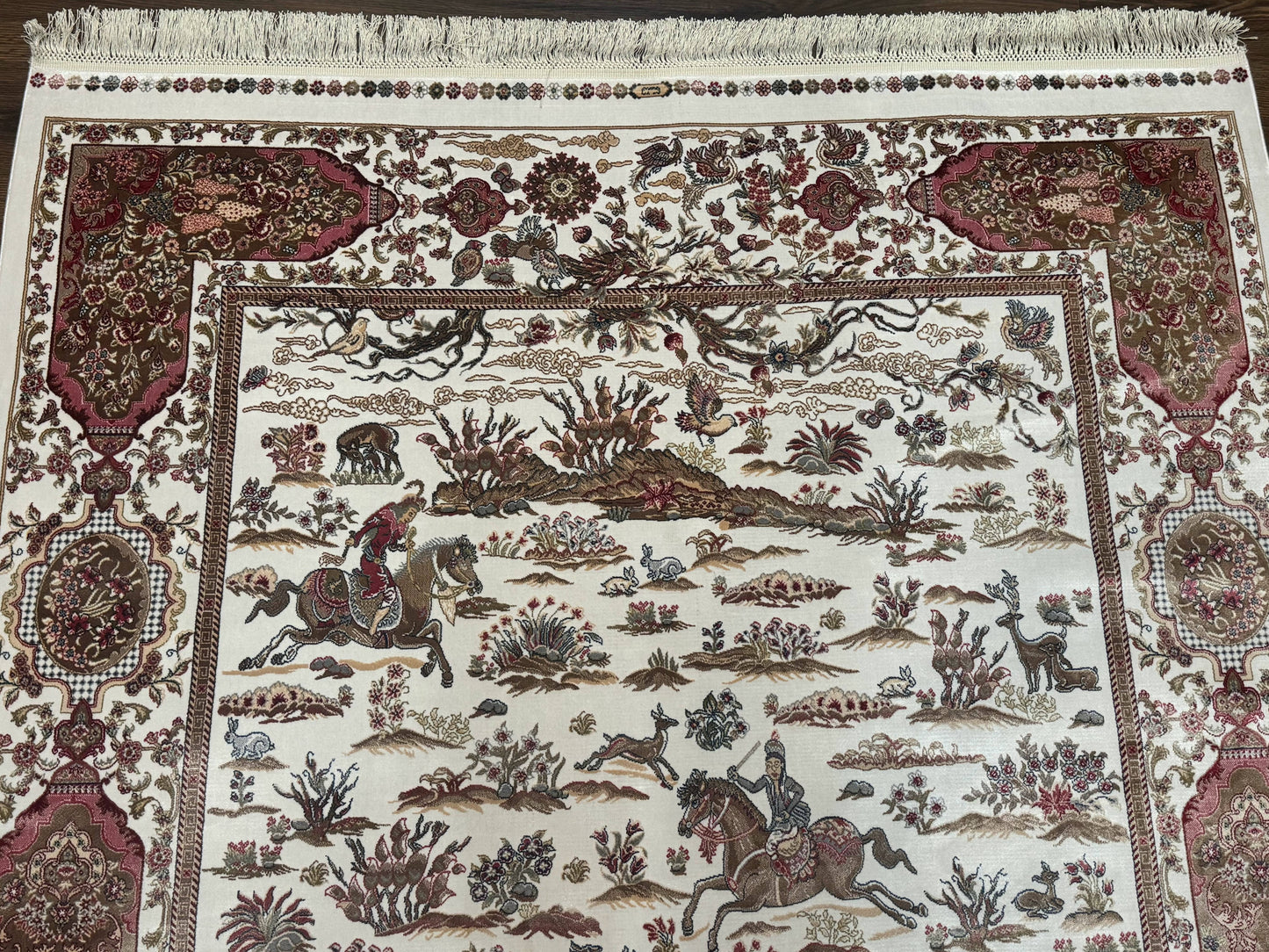 Turkish Silk Rug 5x8, Ivory, Hunting Design, Animal Pictorials, Bamboo Silk