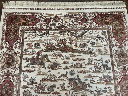 Turkish Silk Rug 5x8, Ivory, Hunting Design, Animal Pictorials, Bamboo Silk