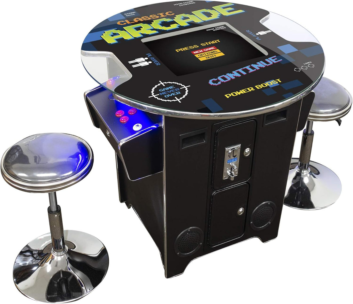 Arcades Full Size Commercial Cocktail Machine | 2 Player | 60 Games | 22" LCD Screen | round Glass Top | 2 Sanwa Joysticks | 2 Stools Included | 3 Year Warranty