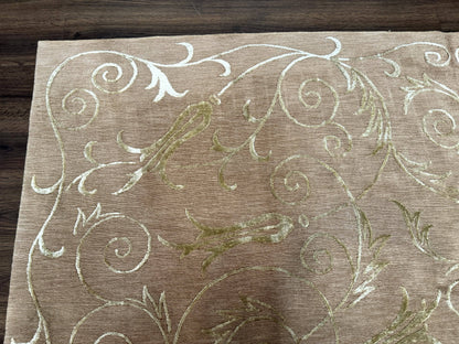 Tibetan Rug 9x12 Wool and Silk Beige Modern Handmade Carpet