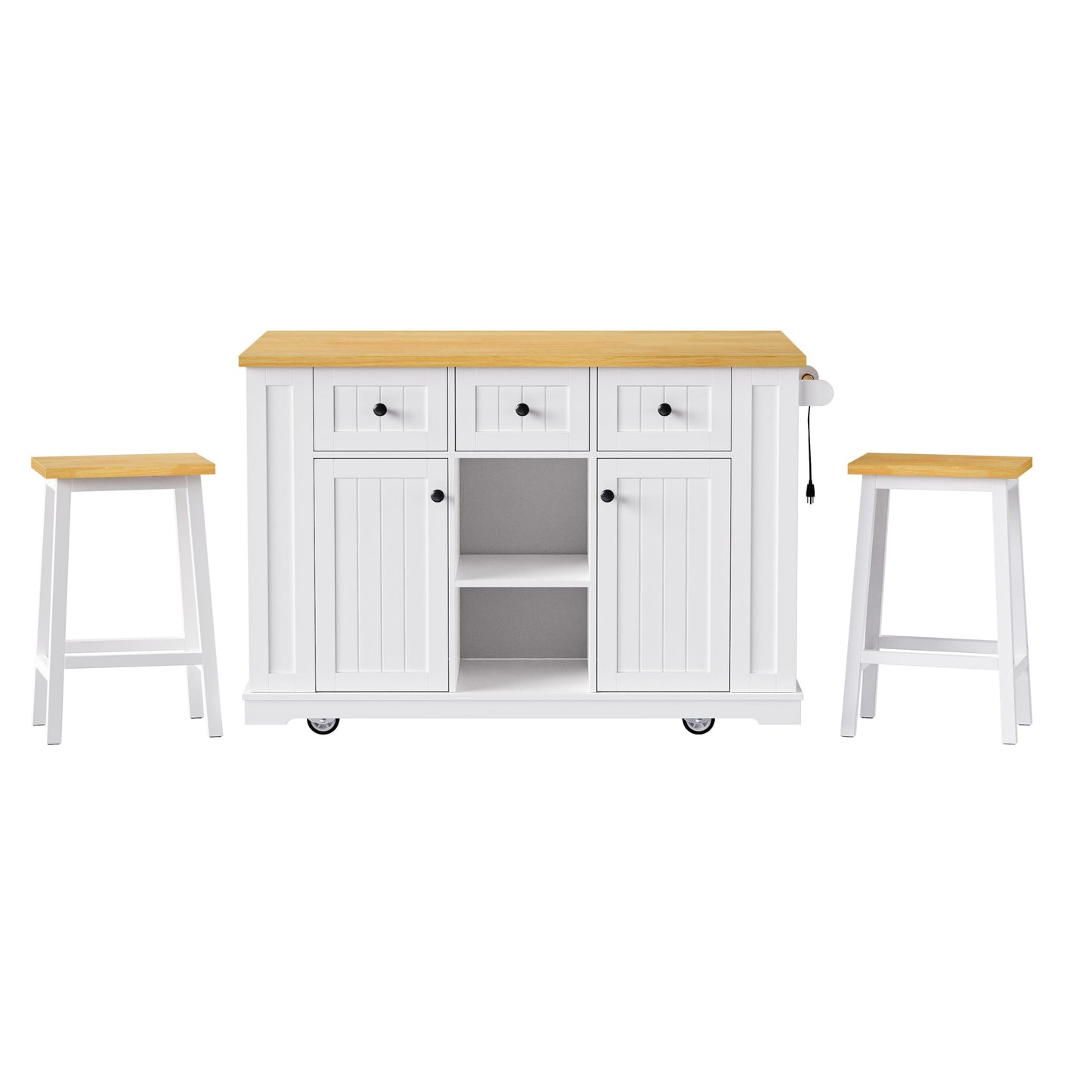 K&K 53inch Large Kitchen Island with 2 Bar Stools, Power Outlet,Door Internal Storage Rack, Kitchen Storage Cart on 5 Wheels with Drop Leaf, 5 Open Side Racks, 3 Drawers, for Kitchen,Dining Room,White