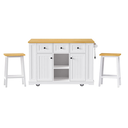 K&K 53inch Large Kitchen Island with 2 Bar Stools, Power Outlet,Door Internal Storage Rack, Kitchen Storage Cart on 5 Wheels with Drop Leaf, 5 Open Side Racks, 3 Drawers, for Kitchen,Dining Room,White