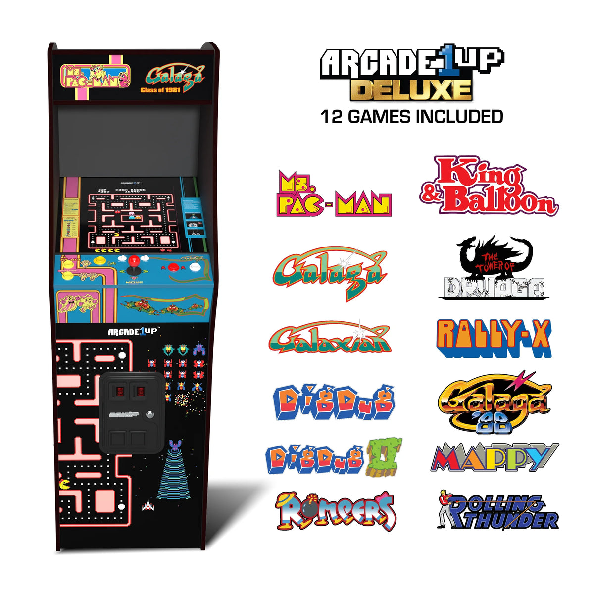 Ms. PAC-MAN & GALAGA Class of '81 Deluxe Arcade Game with WIFI, 12 Classic Games, and 17-Inch Screen