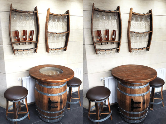 Whiskey & Wine Barrel Home Bar Set #2 — Bar Cabinet, Pub Table & Stools