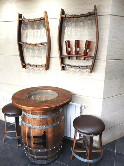 Whiskey & Wine Barrel Home Bar Set #2 — Bar Cabinet, Pub Table & Stools
