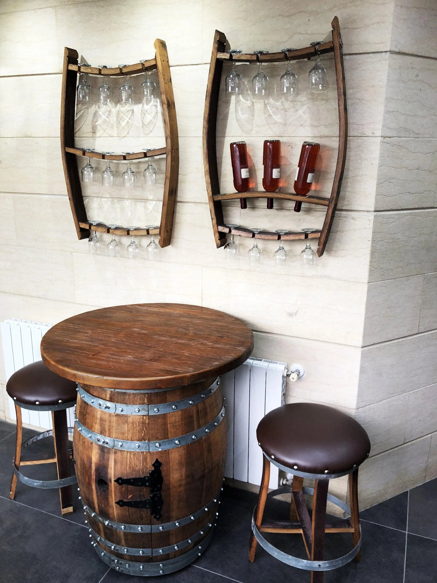 Whiskey & Wine Barrel Home Bar Set #2 — Bar Cabinet, Pub Table & Stools