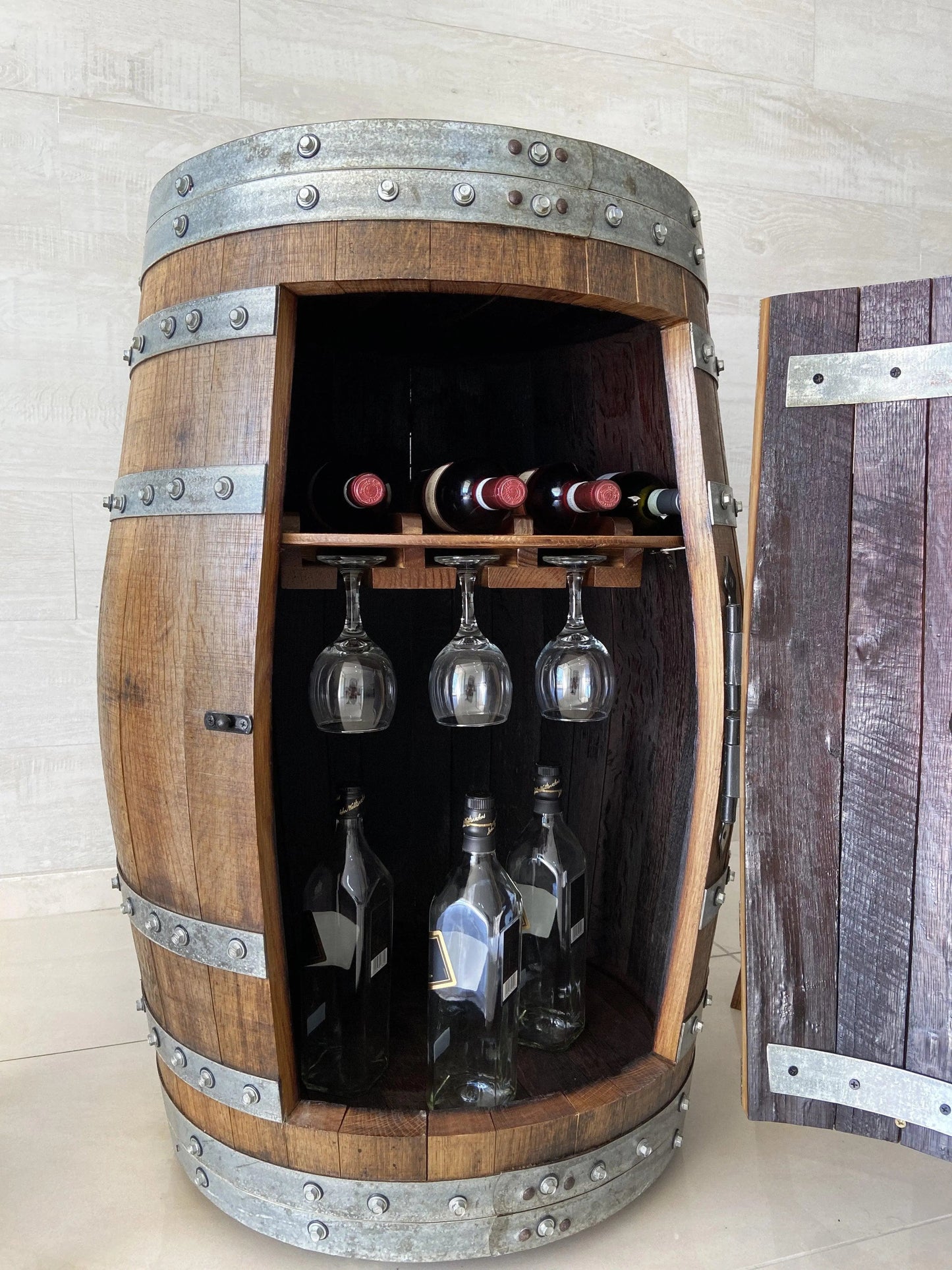 Whiskey & Wine Barrel Home Bar Set #2 — Bar Cabinet, Pub Table & Stools