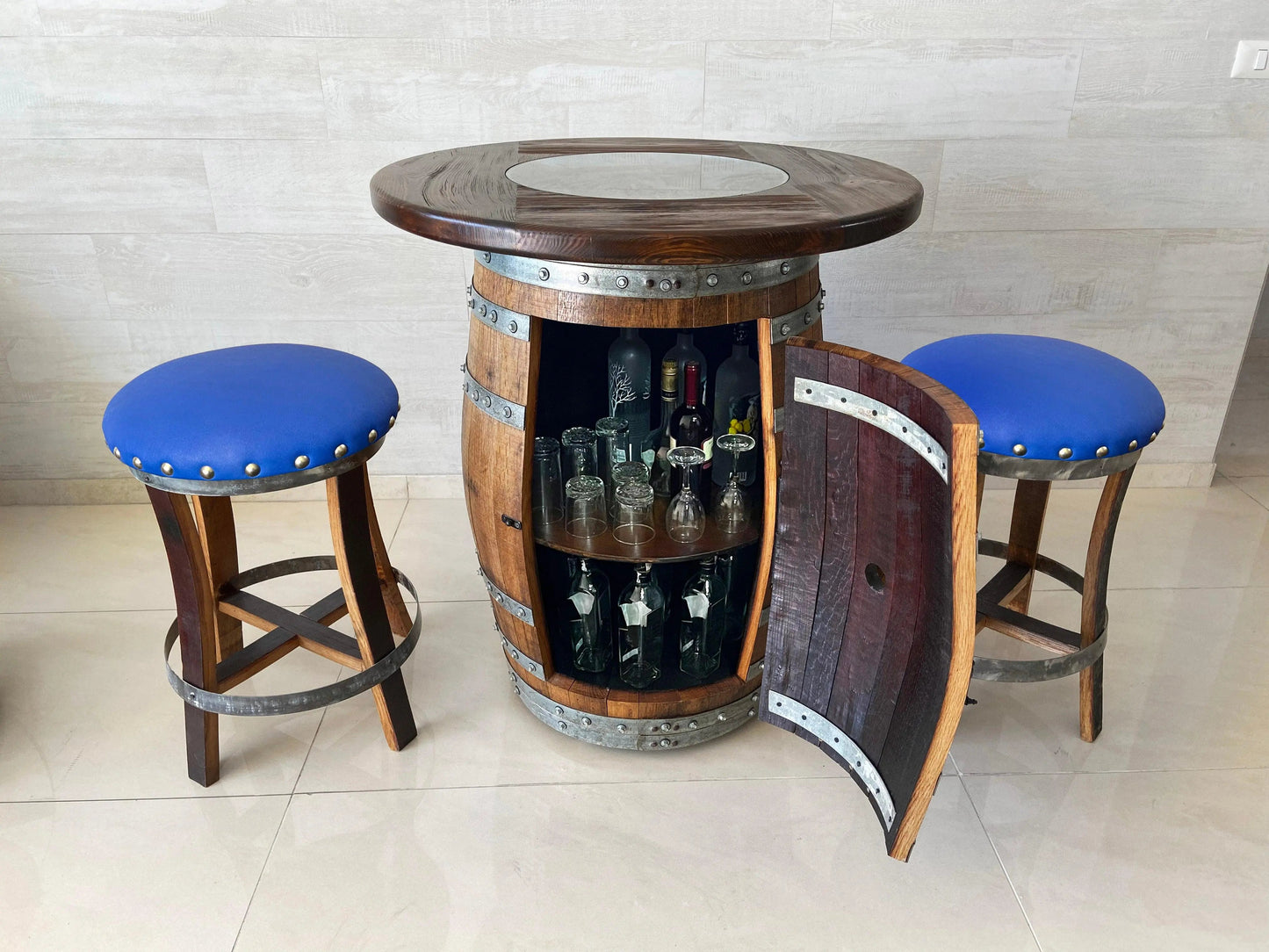 Whiskey & Wine Barrel Pub Set — Limited Colorways, Glass Top, Cabinet Storage