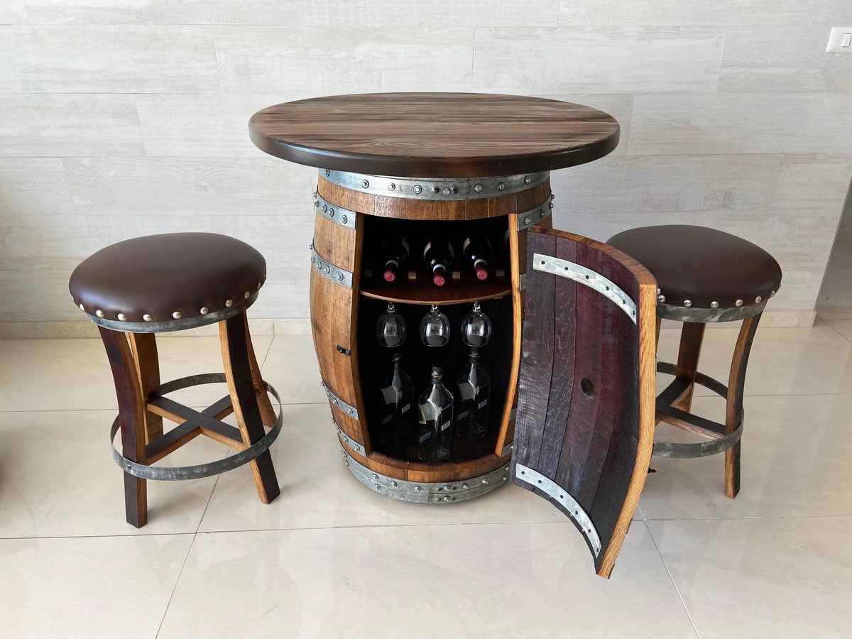 Multi-Use Whiskey & Wine Barrel Bar Set — Glass Top, Cabinet Storage