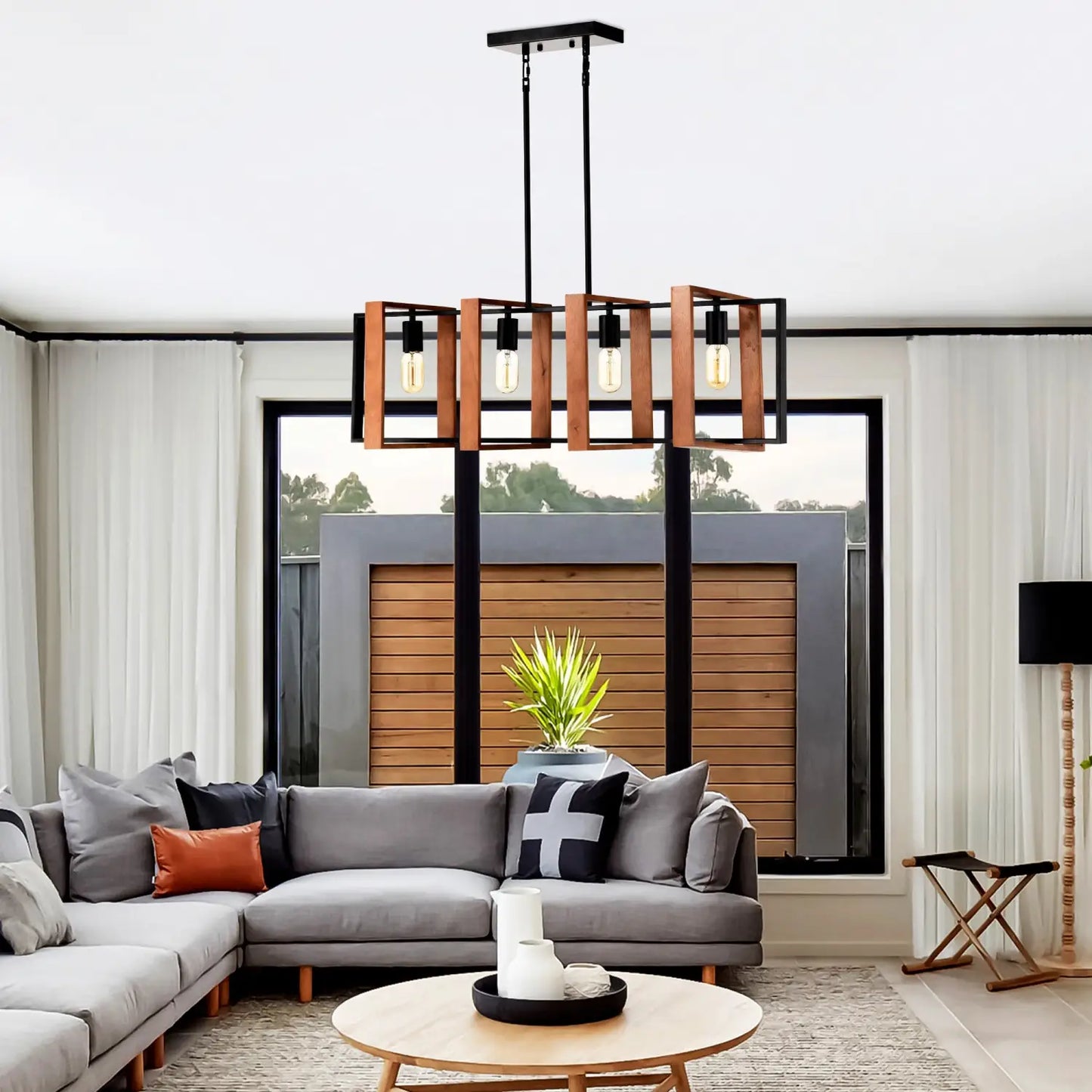 Hanging Lights for Hall with Rustic Wood, 4-Light Fixture & Black Metal Design
