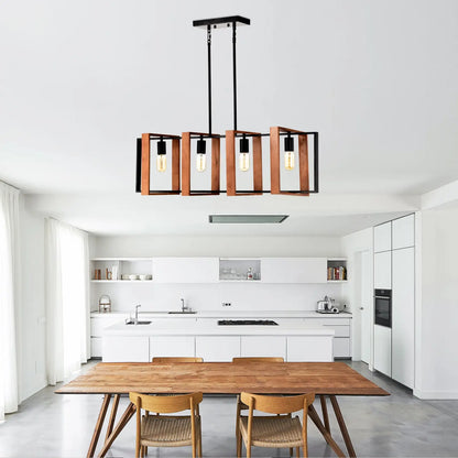 Hanging Lights for Hall with Rustic Wood, 4-Light Fixture & Black Metal Design