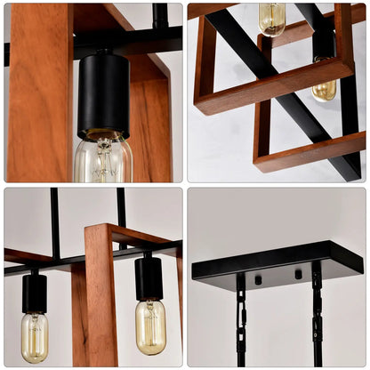 Hanging Lights for Hall with Rustic Wood, 4-Light Fixture & Black Metal Design