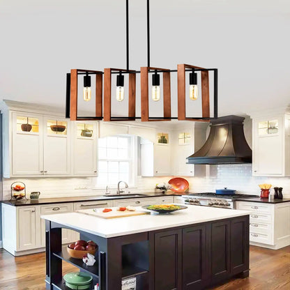 Hanging Lights for Hall with Rustic Wood, 4-Light Fixture & Black Metal Design