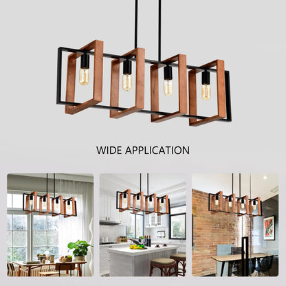 Hanging Lights for Hall with Rustic Wood, 4-Light Fixture & Black Metal Design