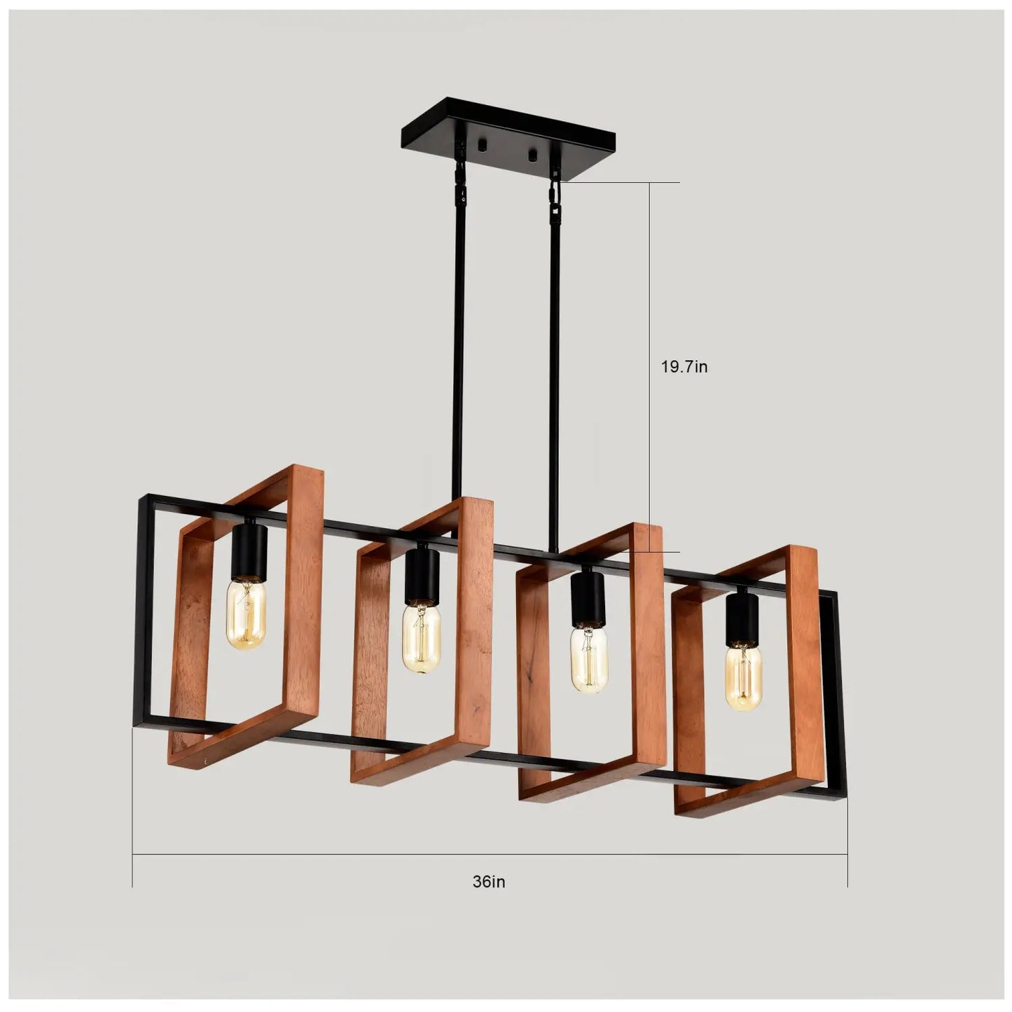 Hanging Lights for Hall with Rustic Wood, 4-Light Fixture & Black Metal Design