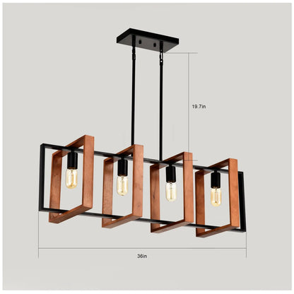 Hanging Lights for Hall with Rustic Wood, 4-Light Fixture & Black Metal Design