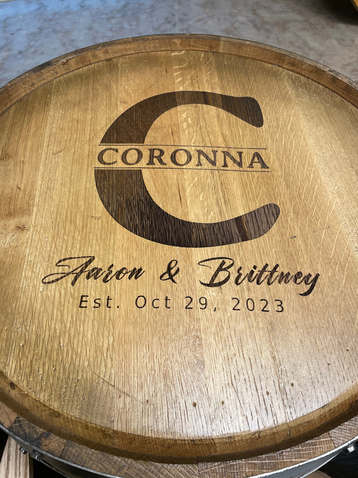 Custom made Bourbon Barrel Bistro/Pub Table Table with glass insert- Custom designed laser engraving available