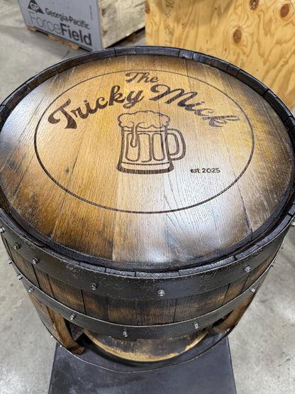 Custom made Bourbon Barrel Bistro/Pub Table Table with glass insert- Custom designed laser engraving available