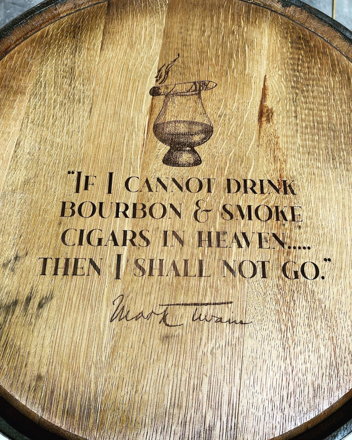 Custom made Bourbon Barrel Bistro/Pub Table Table with glass insert- Custom designed laser engraving available