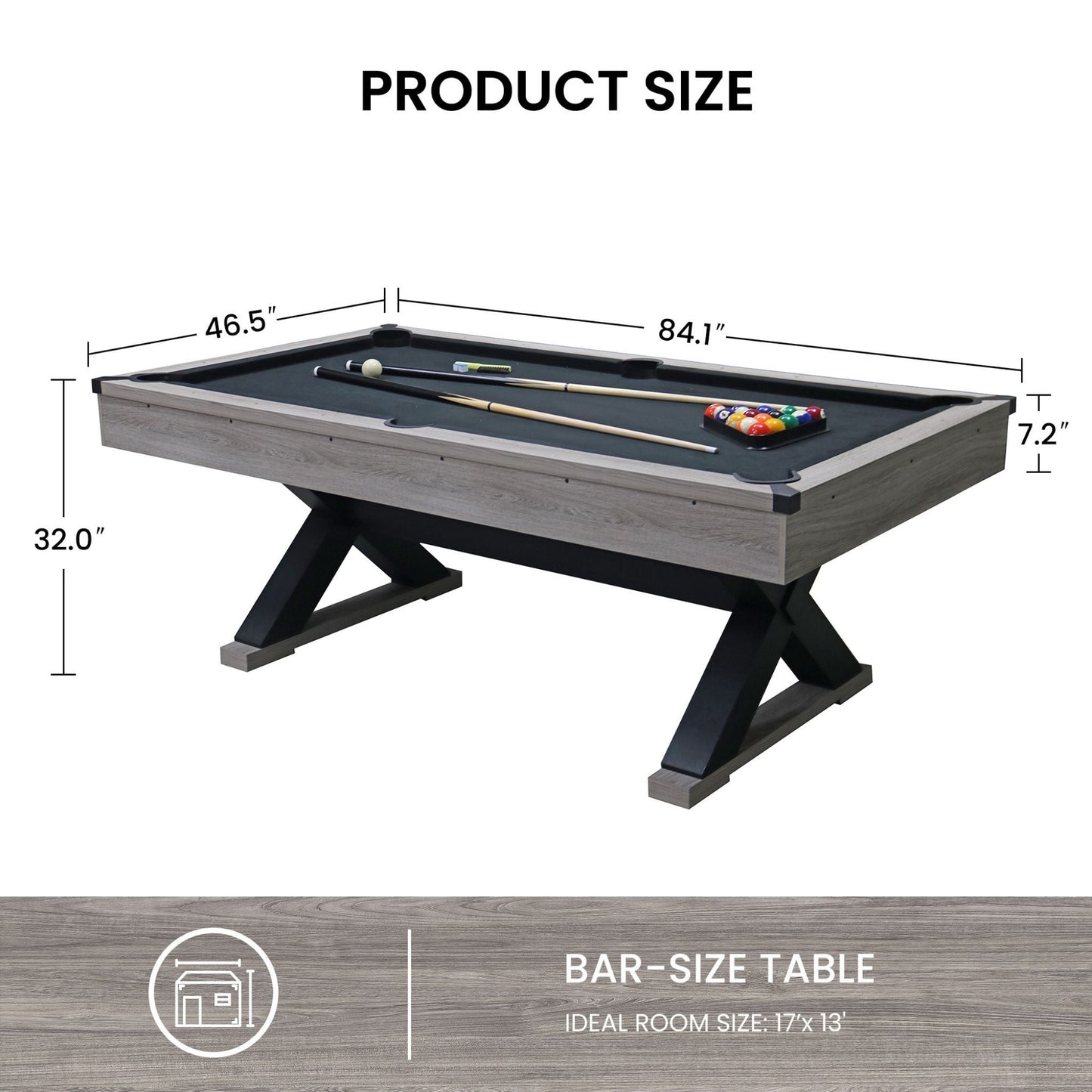 Large 84-Inch Rustic Gray Pool Table With Cues, Balls And X-Legs (SAK54361)