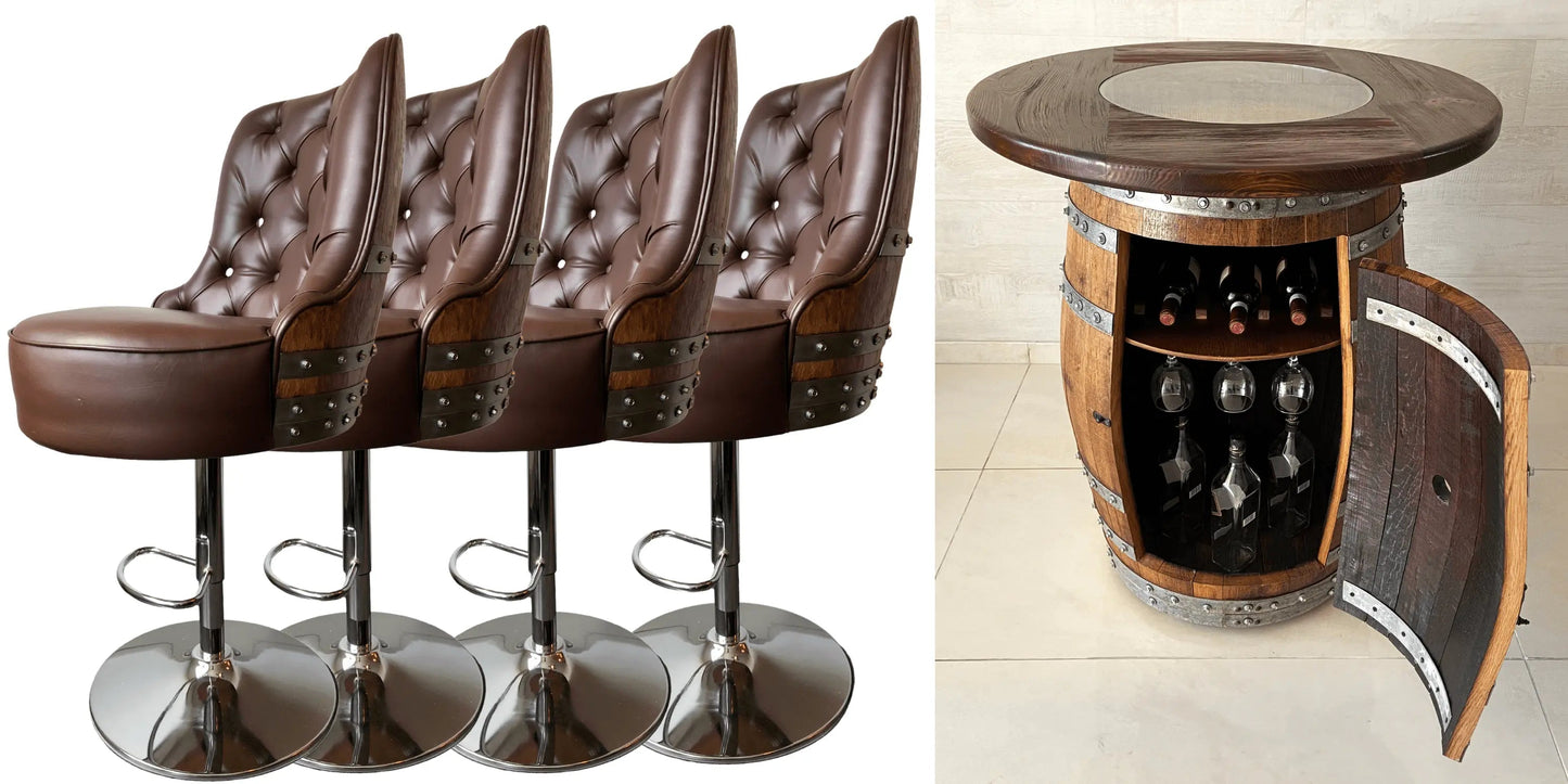 Whiskey Barrel Bar Set, Bourbon Barrel Liquor Bar, Wine Barrel Bar Cabinet, Pub Table, Stools, Multi-Use Luxury Build