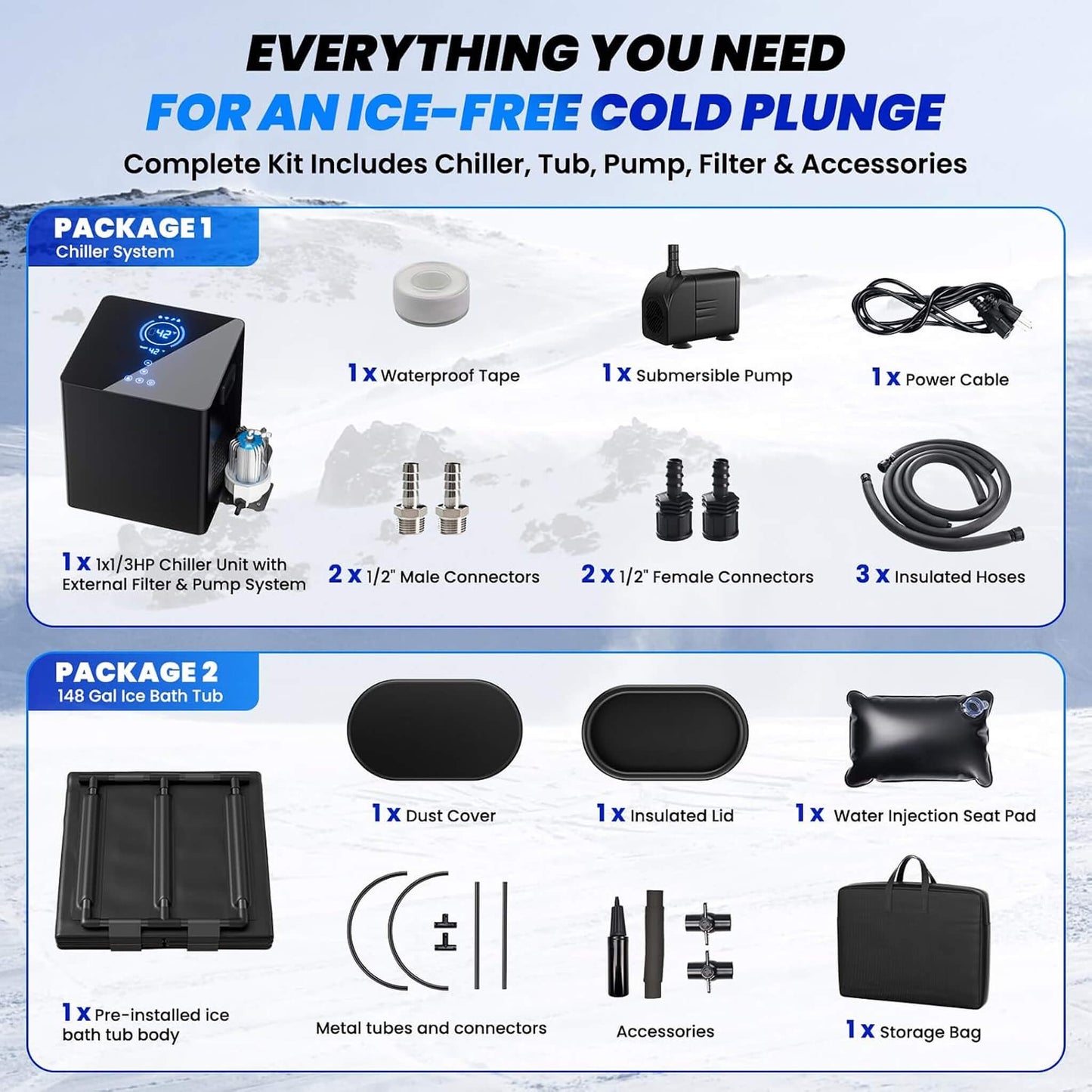 Cold Plunge Tub Kit With 1/3 HP Chiller, Filter, And Pump