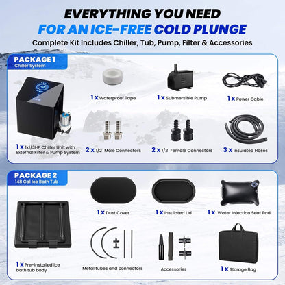 Cold Plunge Tub Kit With 1/3 HP Chiller, Filter, And Pump