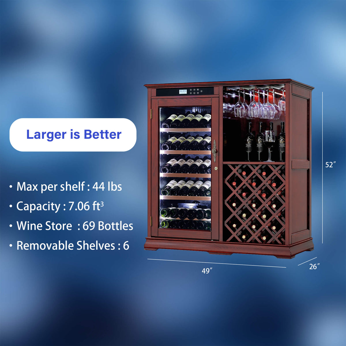 69-Bottle Wooden Wine Cooler Cabinet With Built-In Storage