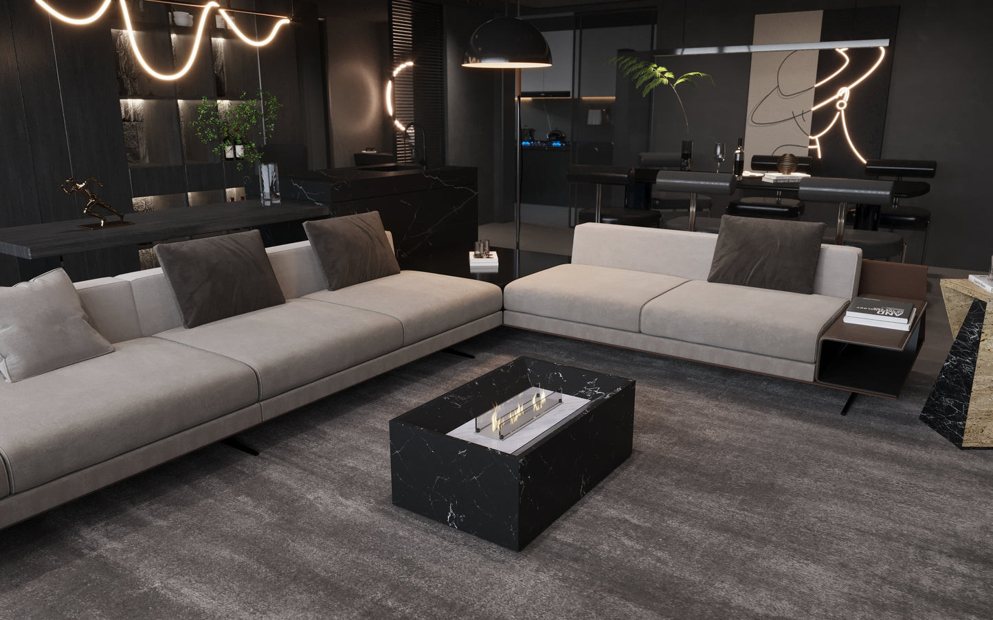 Black Marble Coffee Table with Built-in Fireplace