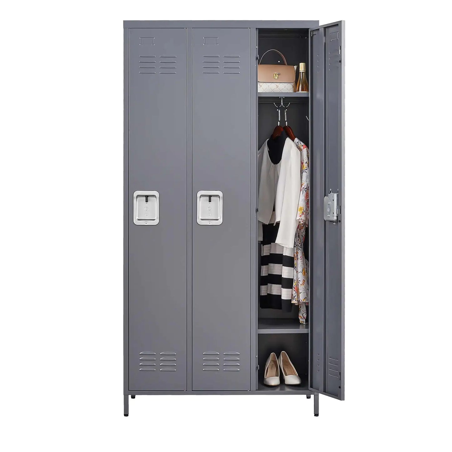 3 Employee Metal Lockers With 72 Inch High Locks, Home Gym Office, School Garage Lockers, Gray